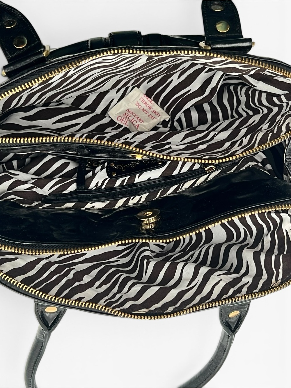 Vintage Kate Landry Black Glossy Leather Satchel Y2K Zebra Lined Shoulder Bag - Picture 3 of 8